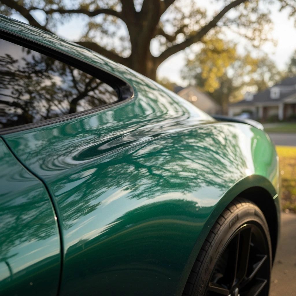 Green vintage car with tree reflection after detailing